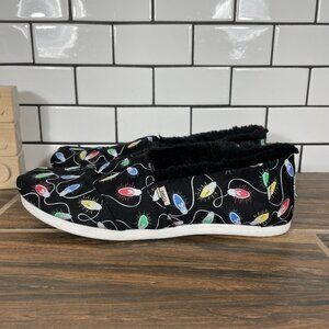 Toms Classic Womens Sz 7.5 Shoes Black Glow Lights Print Faux Fur Comfort Flats